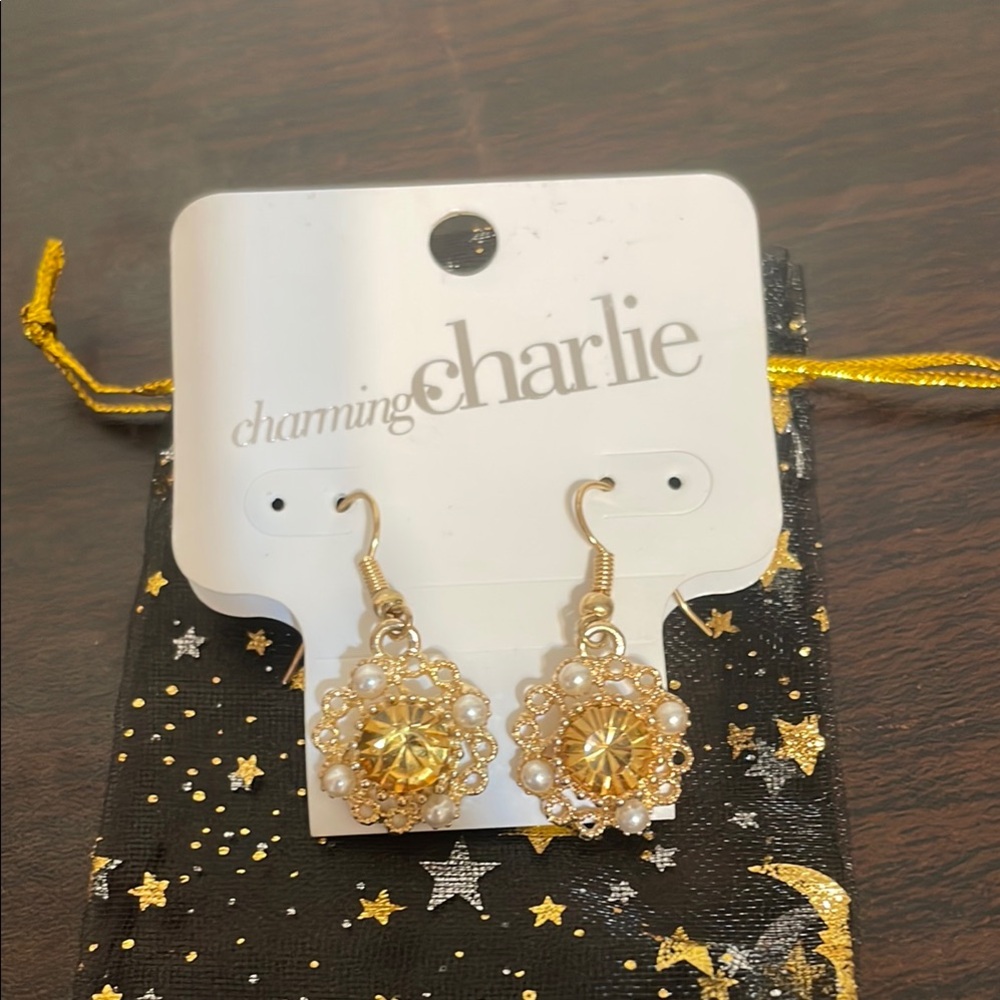 Charming Charlie Gold hook-style Earrings with faux citrine and pearl accents